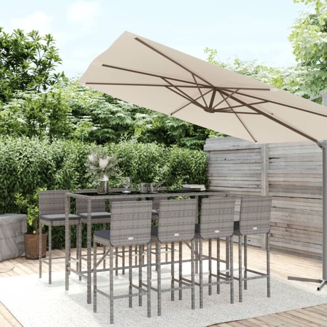 Berkfield Home 9 Piece Garden Bar Set with Cushions Grey Poly Rattan - image 1