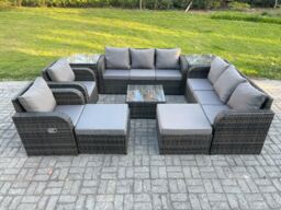 Fimous High Back Rattan Garden Furniture Set with Square Coffee Table 2 Big Footstool 2 Side Tables Indoor Outdoor Patio Lounge Sofa Set in Dark Grey
