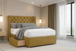 "Nexus Mattresses Ltd Windsor Plush Divan 2 Drawers Foot-End 54""Winged Headboard in Mustard - Size: Double" - thumbnail 3