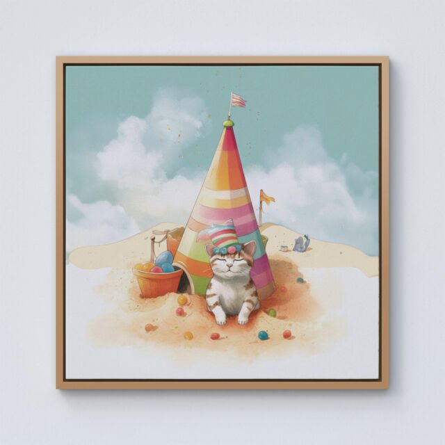 Warren Reed - Designer Cat On A Beach Holiday Framed Canvas in Light Brown - Size: w40 inch x h40 inch - image 1