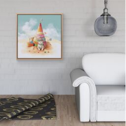 Warren Reed - Designer Cat On A Beach Holiday Framed Canvas in Light Brown - Size: w40 inch x h40 inch - thumbnail 2