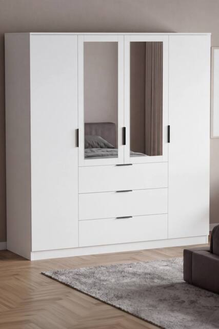 Home Discount Vida Designs Trega 4 Door 3 Drawer Mirrored Wardrobe Storage Furniture in White - image 1