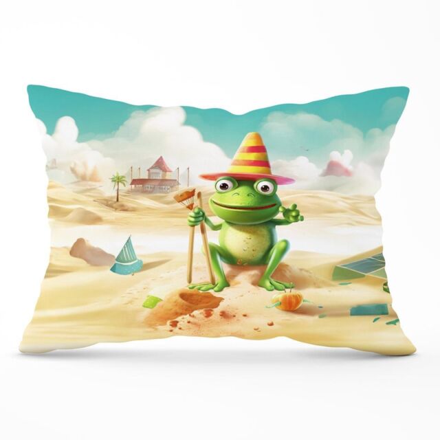 Warren Reed - Designer Happy Frog On A Beach Holiday Cushions in Yellow - Size: 45 cm x 45 cm - image 1
