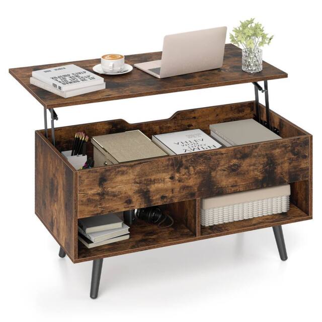 Gymax Lift Top Coffee Table Mid Century Accent Table With Shelves & Legs in Brown - image 1