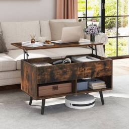 Gymax Lift Top Coffee Table Mid Century Accent Table With Shelves & Legs in Brown - thumbnail 3