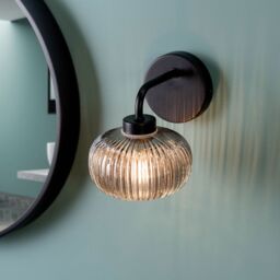 ValueLights Amaia Matte Black IP44 Rated Single Smoked Ribbed Glass Wall Light