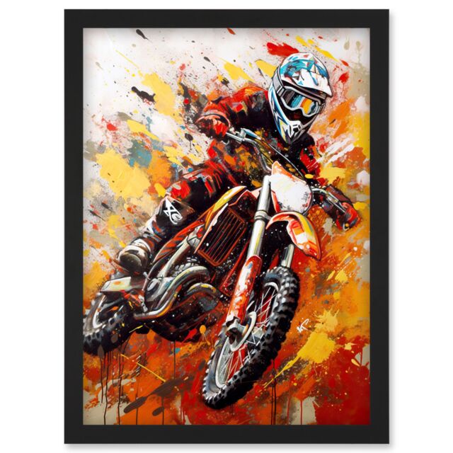 Artery8 Motocross Race Motorcycle Sport Oil Painting Artwork Framed Wall Art Print A4 in Black - image 1