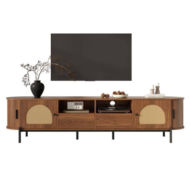 Merax Walnut 200 cm Rattan TV Unit with Sliding Doors & Metal Legs - image 1
