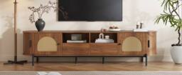 Merax Walnut 200 cm Rattan TV Unit with Sliding Doors & Metal Legs - thumbnail 9