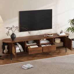 Merax Walnut 200 cm Rattan TV Unit with Sliding Doors & Metal Legs - thumbnail 2