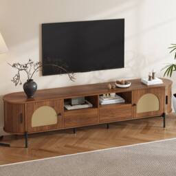 Merax Walnut 200 cm Rattan TV Unit with Sliding Doors & Metal Legs - thumbnail 4