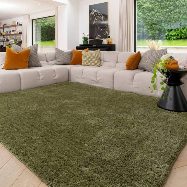 Kukoon Machine Washable Shaggy Rug Luxury Deep Pile Green Fluffy Bedroom Mat in Olive - Size: 120 cm x 170 cm - image 1