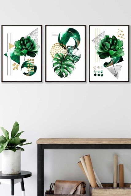 ARTZE Abstract Green Gold Botanical Framed Wall Art - Medium in Black - Size: W45 cm x H62 cm x D20mm - image 1