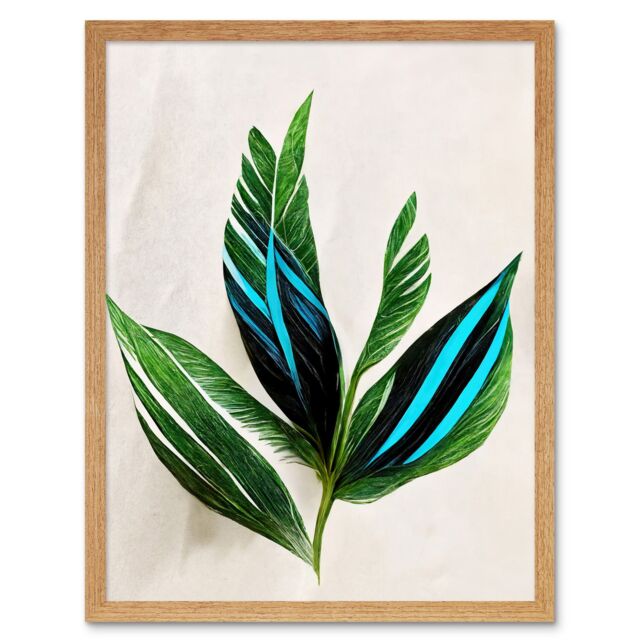"Artery8 Wall Art Print Tropical Plant Feathery Leaves Green Turquoise Simple Botanical Art Framed in Light Oak - Size: W12"" x H16""" - image 1