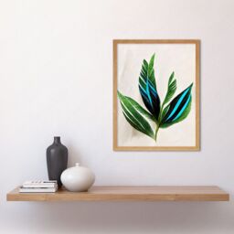 "Artery8 Wall Art Print Tropical Plant Feathery Leaves Green Turquoise Simple Botanical Art Framed in Light Oak - Size: W12"" x H16""" - thumbnail 2