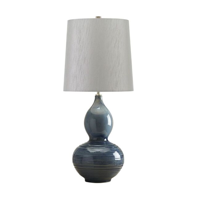 Loops Table Lamp Textured Blue Reactive Glaze Light Grey Faux Silk Shade LED E27 60W