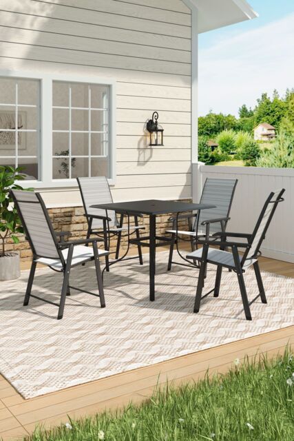 Living and Home Garden Metal Slatted Coffee Table with 4 Foldable Chairs in Black - Size: Large - image 1
