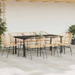 Berkfield Home Beautiful 9 Piece Garden Dining Set Brown Poly Rattan Glass
