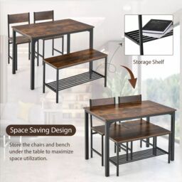Costway 4-Piece Dining Table & Chair Bench Set Industrial Gathering Table Kitchen Set in Brown - thumbnail 4