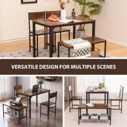 Costway 4-Piece Dining Table & Chair Bench Set Industrial Gathering Table Kitchen Set in Brown - thumbnail 6