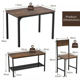 Costway 4-Piece Dining Table & Chair Bench Set Industrial Gathering Table Kitchen Set in Brown - thumbnail 2