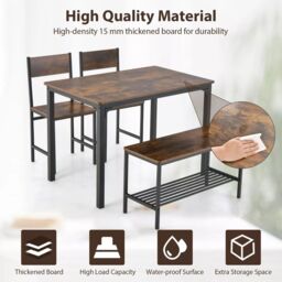 Costway 4-Piece Dining Table & Chair Bench Set Industrial Gathering Table Kitchen Set in Brown - thumbnail 5