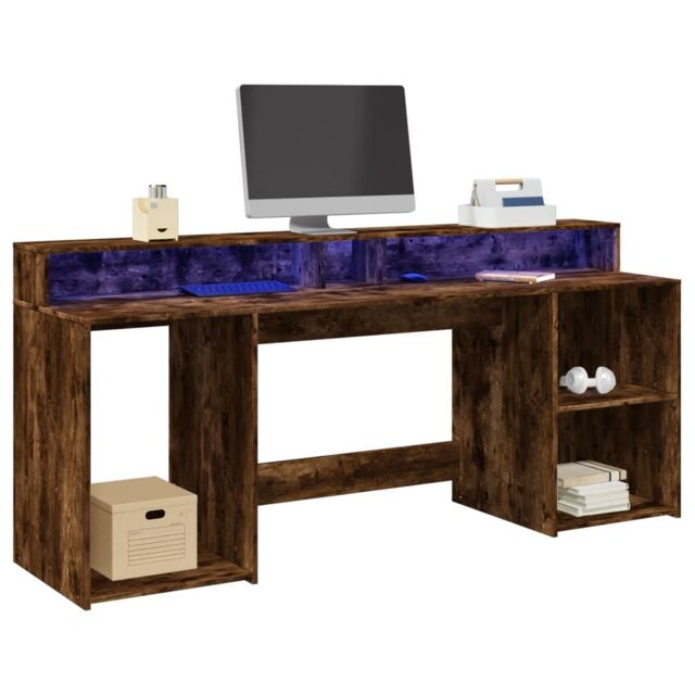 Berkfield Home Desk with LED Lights Smoked Oak 200x55x91 cm Engineered Wood in Brown - Size: 200 x 55 x 91 cm - image 1