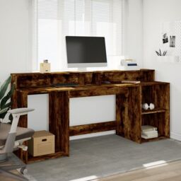 Berkfield Home Desk with LED Lights Smoked Oak 200x55x91 cm Engineered Wood in Brown - Size: 200 x 55 x 91 cm - thumbnail 4