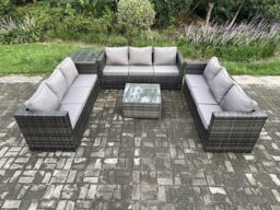 Fimous Rattan Garden Furniture Set 9 Seater Patio Outdoor Lounge Sofa Set with Side Table Square Coffee Table Dark Grey Mixed - thumbnail 2