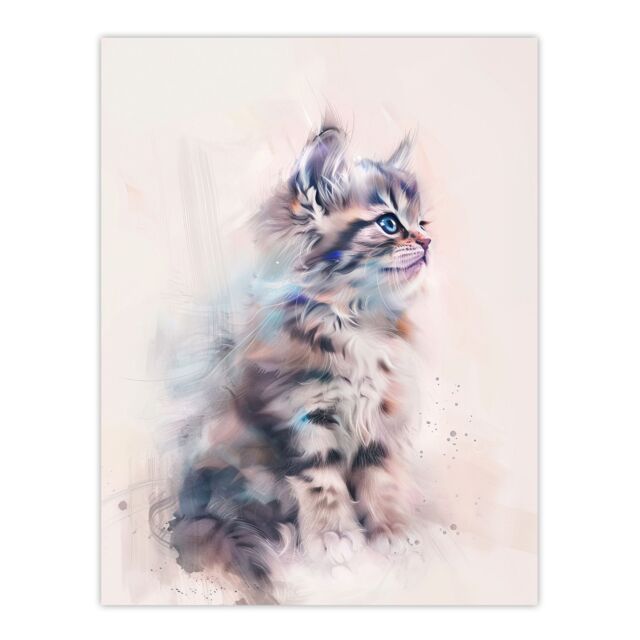 "Artery8 Cat Lover Cute Fluffy Ragdoll Kitten Watercolour Wall Art Print in Grey - Size: W12"" x H16""" - image 1