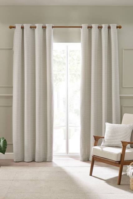 Catherine Lansfield 'Stab Stitch' Lined Eyelet Curtains in Natural - Size: 117 cm width x 183 cm drop - image 1