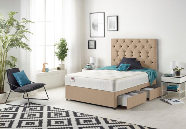 Somnior Premier Plush Velvet Sprung Memory Foam 4 Drawer Divan Bed Set with Upholstered Headboard in Beige - Size: Small Double - image 1