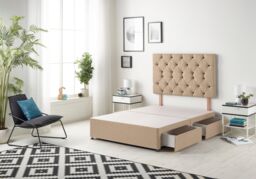 Somnior Premier Plush Velvet Sprung Memory Foam 4 Drawer Divan Bed Set with Upholstered Headboard in Beige - Size: Small Double - thumbnail 4