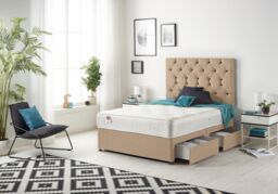 Somnior Premier Plush Velvet Sprung Memory Foam 4 Drawer Divan Bed Set with Upholstered Headboard in Beige - Size: Small Double - thumbnail 1