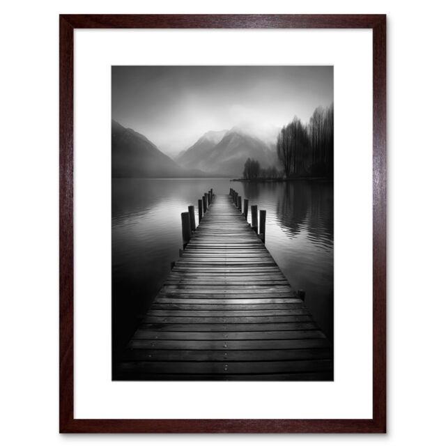 "Artery8 Wall Art Print Lake Pier Mountain Landscape Black & White Photo Artwork Framed 9X7 Inch in Brown - Size: W7"" x H9""" - image 1