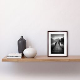 "Artery8 Wall Art Print Lake Pier Mountain Landscape Black & White Photo Artwork Framed 9X7 Inch in Brown - Size: W7"" x H9""" - thumbnail 2