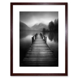 "Artery8 Wall Art Print Lake Pier Mountain Landscape Black & White Photo Artwork Framed 9X7 Inch in Brown - Size: W7"" x H9""" - thumbnail 1