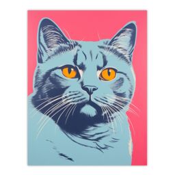 Artery8 British Shorthair Cat Blue On Coral Pink Bold Vibrant Screen Print Risograph Artwork Spot Block Colour Duotone Retro Riso Interior Design - thumbnail 1