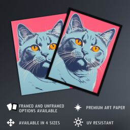 Artery8 British Shorthair Cat Blue On Coral Pink Bold Vibrant Screen Print Risograph Artwork Spot Block Colour Duotone Retro Riso Interior Design - thumbnail 2