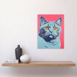 Artery8 British Shorthair Cat Blue On Coral Pink Bold Vibrant Screen Print Risograph Artwork Spot Block Colour Duotone Retro Riso Interior Design - thumbnail 4