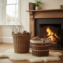 Red Hamper Wicker Set of 2 Cotton Lined Log Baskets in Brown - thumbnail 2