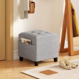 HOMCOM Small Footstool Square Ottoman with Padded Seat, Light Grey - thumbnail 1