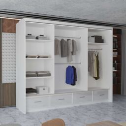 MN Furniture High Gloss Sliding Mirrored Wardrobe with LED Light - 255x220cm in White - Size: 255x220 cm - thumbnail 4