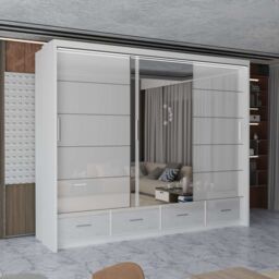 MN Furniture High Gloss Sliding Mirrored Wardrobe with LED Light - 255x220cm in White - Size: 255x220 cm