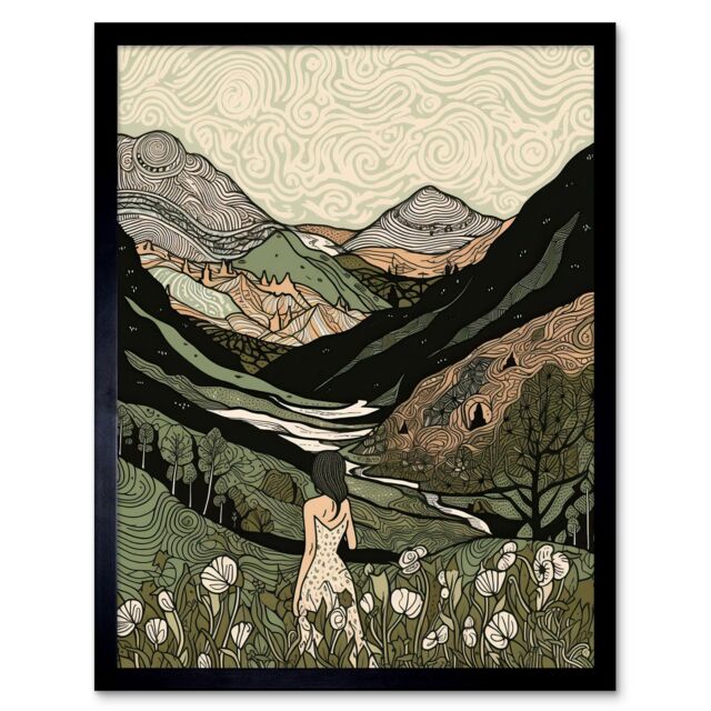 "Artery8 Wall Art Print Woman in Flower Field in Scottish Hill Landscape Art Framed in Black - Size: W12"" x H16""" - image 1