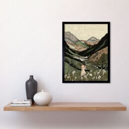 "Artery8 Wall Art Print Woman in Flower Field in Scottish Hill Landscape Art Framed in Black - Size: W12"" x H16""" - thumbnail 2