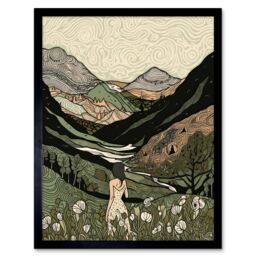 "Artery8 Wall Art Print Woman in Flower Field in Scottish Hill Landscape Art Framed in Black - Size: W12"" x H16""" - thumbnail 1