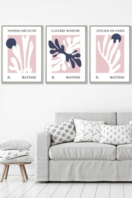 ARTZE Set of 3 Light Grey Framed Matisse Floral Cut Out Style in Blue & Pink Wall Art in Dusty Pink - Size: W33 cm x H45 cm x D20mm - image 1