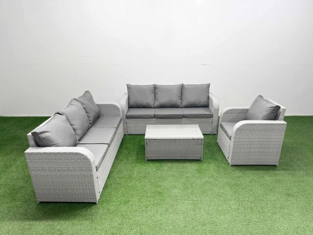 Fimous 7 Seater Poly Rattan Outdoor Garden Furniture Sofa Set Patio 3 Seater Sofa Reclining Chair 3 Seater Sofa Light Grey - image 1