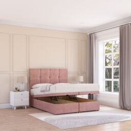 Sloomy Jasmine Plush Fabric Ottoman Bed End Opening With Sprung Memory Mattress & 26 Inch strut Headboard in Pink - Size: Small Double - thumbnail 2